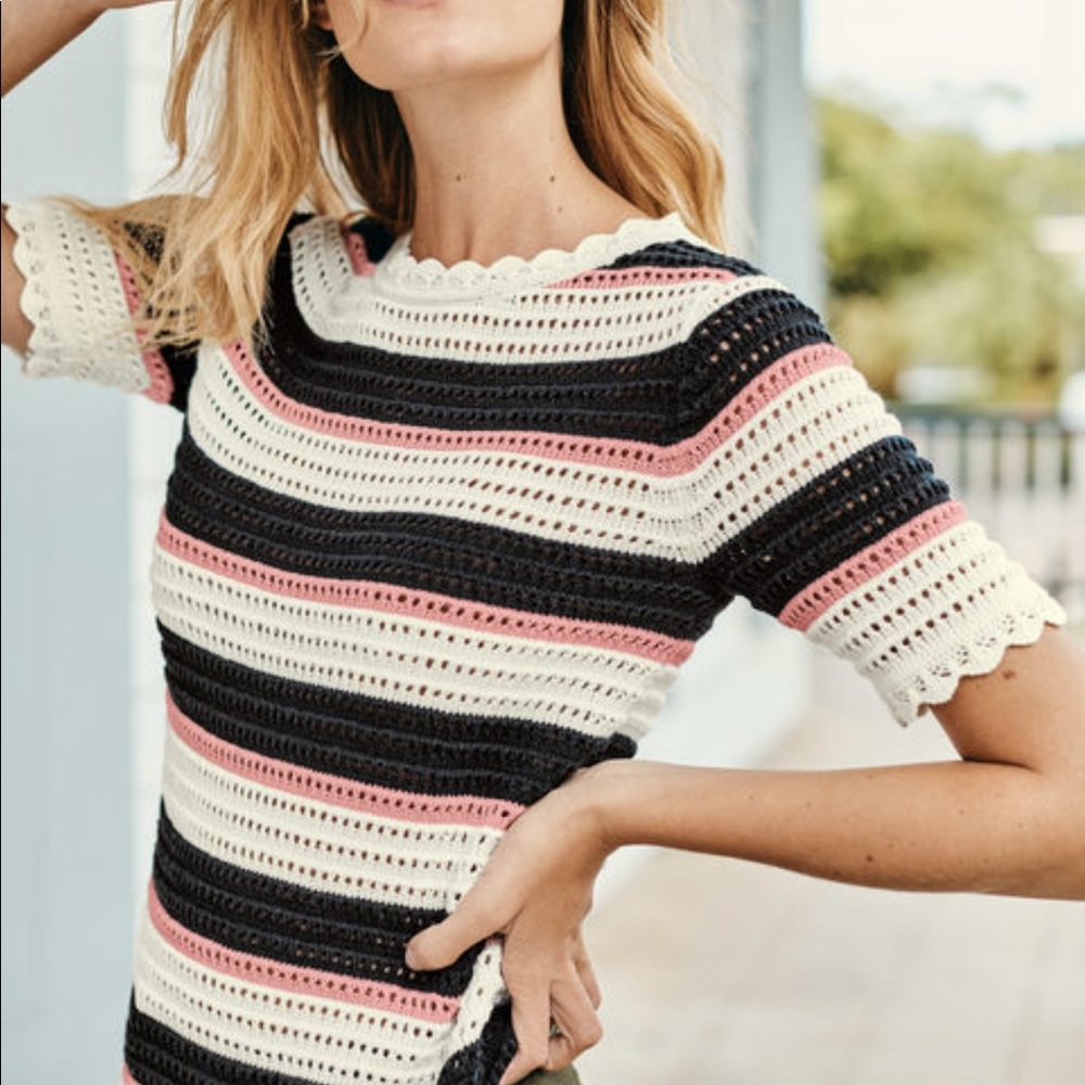 Boden Striped Crochet Top - Black, Pink, White